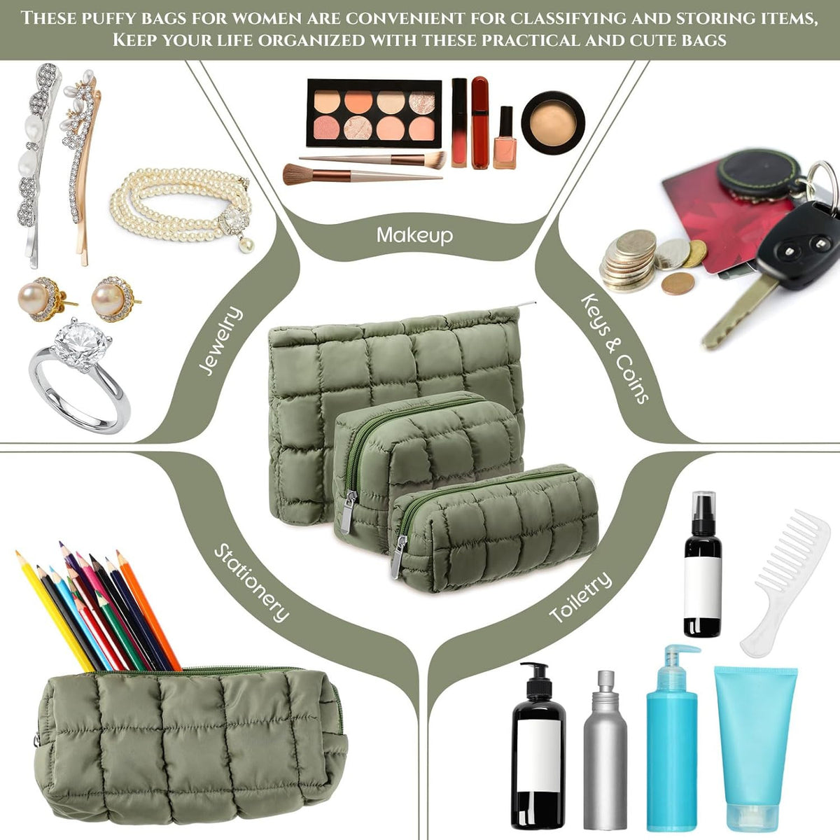 3-Piece Quilted Makeup Bag Set for Women - Travel Cosmetic Pouches with Soft Fabric