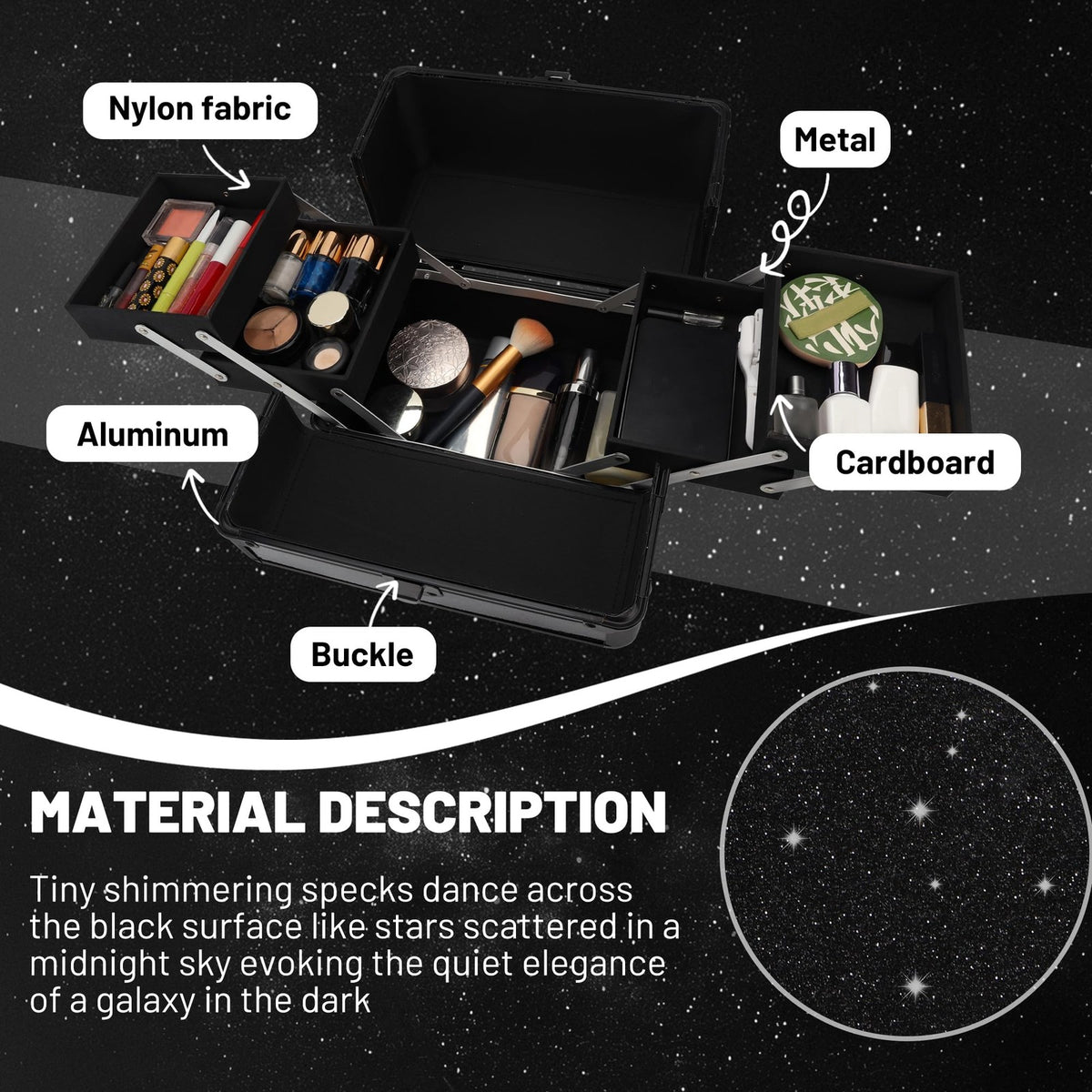 Makeup Train Case 10.2 Inch with 4 Trays - Starry Black Cosmetic Organizer Box