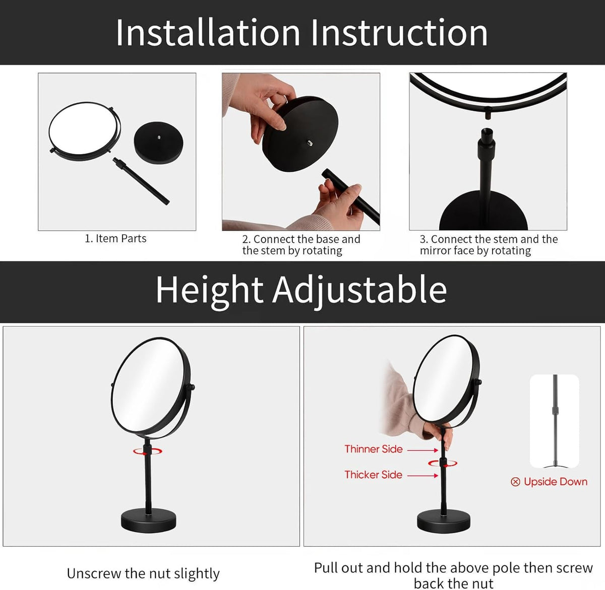 8 Inch 5X Magnified Tabletop Makeup Mirror - Adjustable Height
