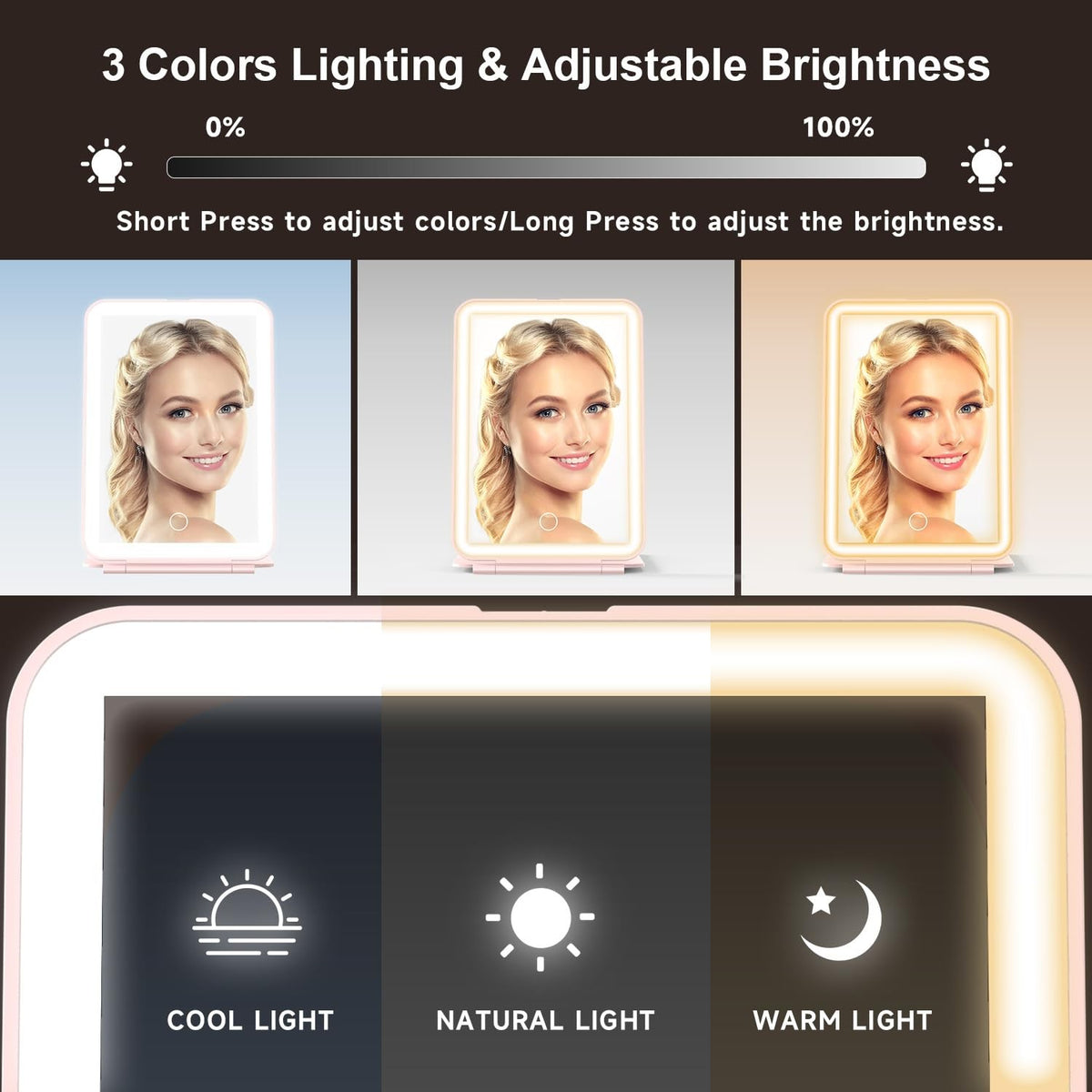 LED Foldable Travel Makeup Mirror - 5x6 Inch Touch Screen with 3 Light Modes