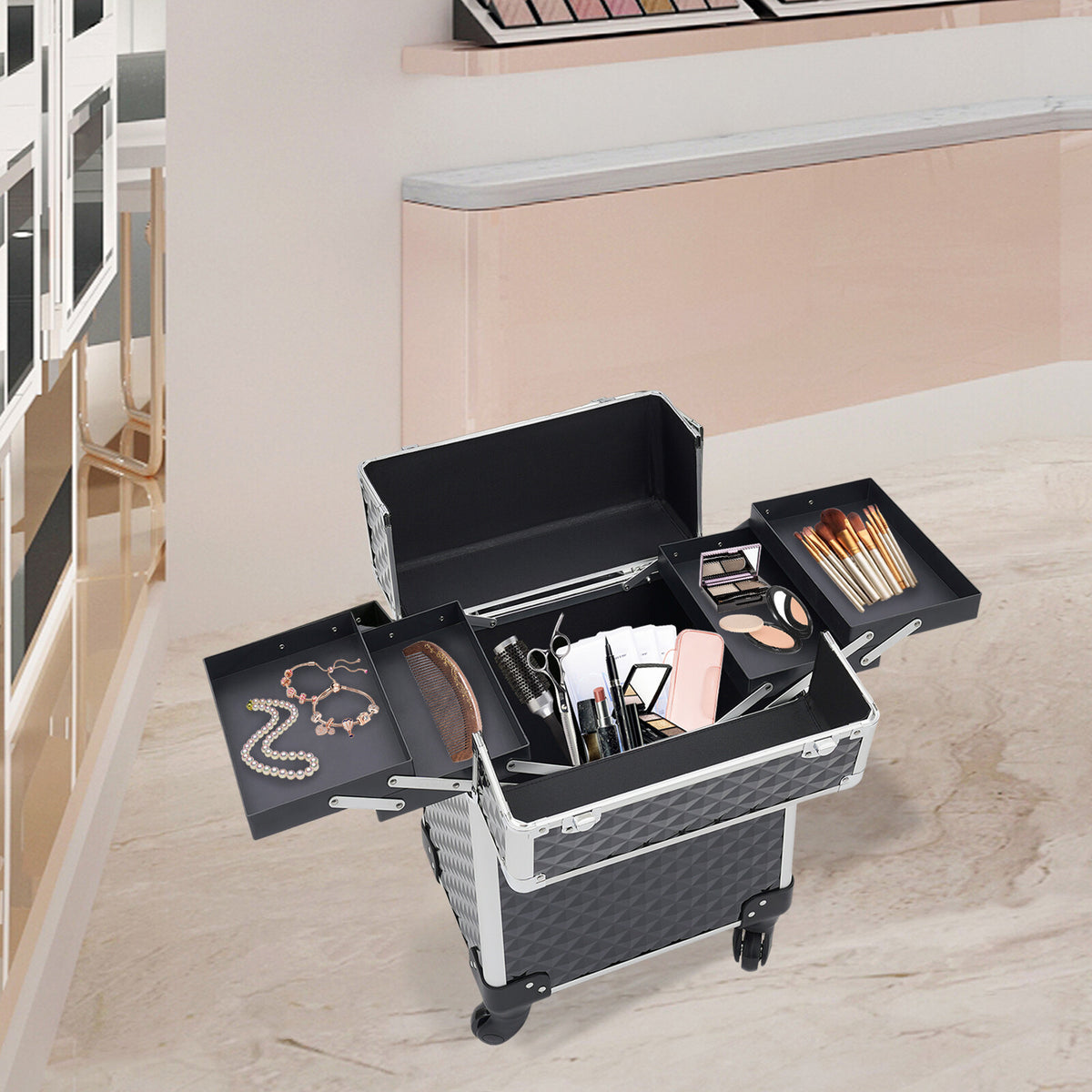 Professional Aluminum Makeup Train Case with Lock & Wheels - Large Capacity Salon Organizer