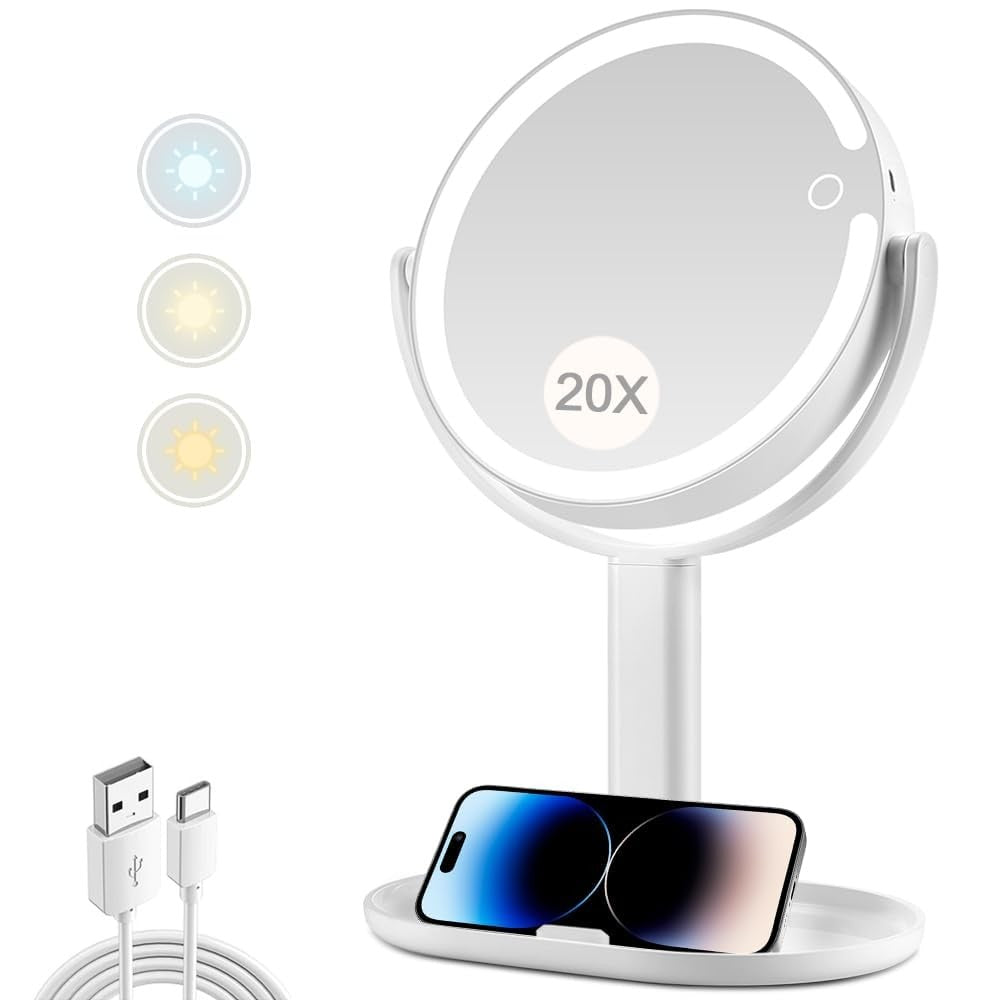 20X Magnifying Makeup Mirror with Lights and Touch Control - Vanity Mirror with 3 Color Modes and LED Illumination