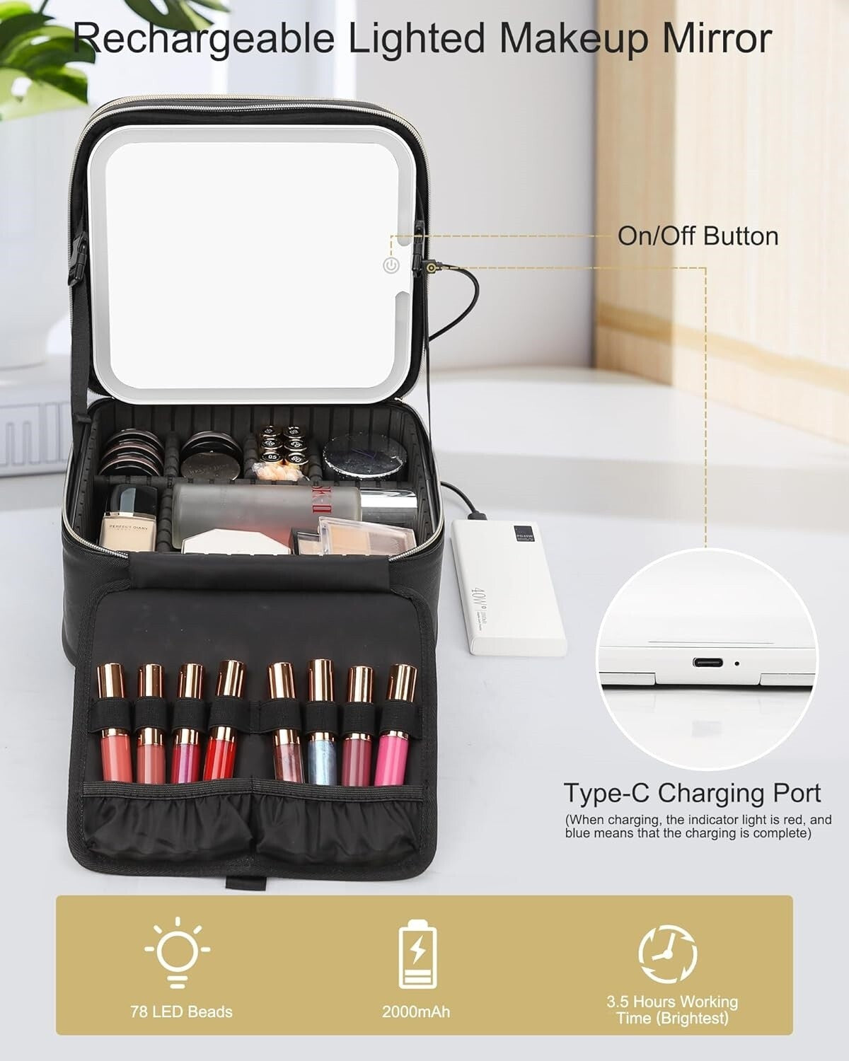 Travel Makeup Case with LED Mirror, Adjustable Compartments, Portable Organizer