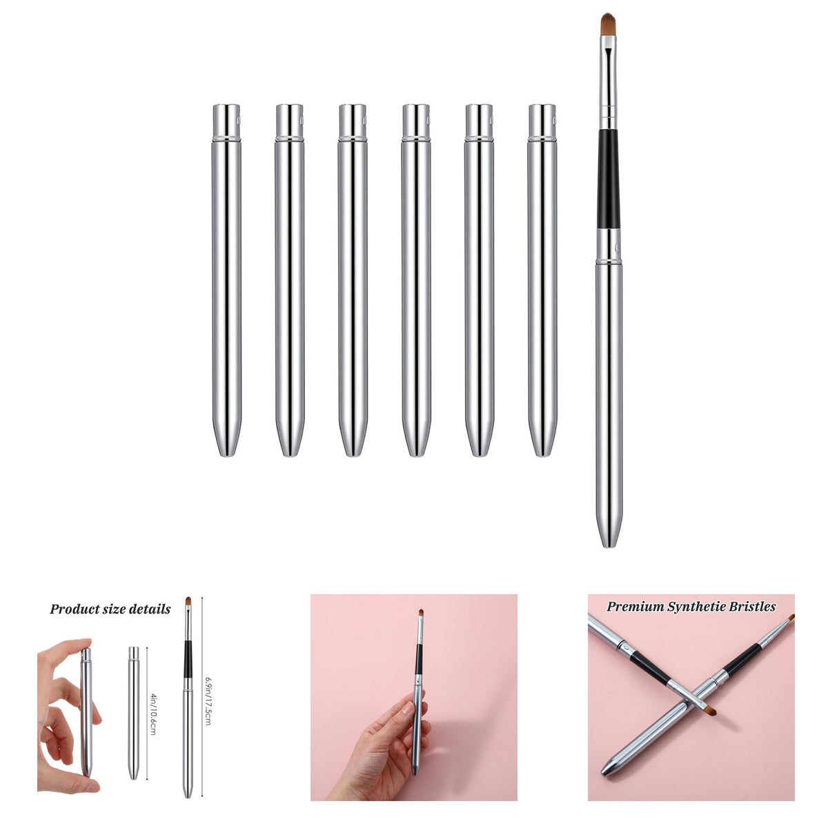Retractable Lip Brush Set - 6 Silver Makeup Applicators for Precise Lipstick & Gloss