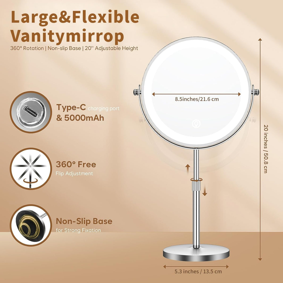 Rechargeable 8.5-Inch Lighted Makeup Mirror with 10X Magnification & 3 Color Lighting