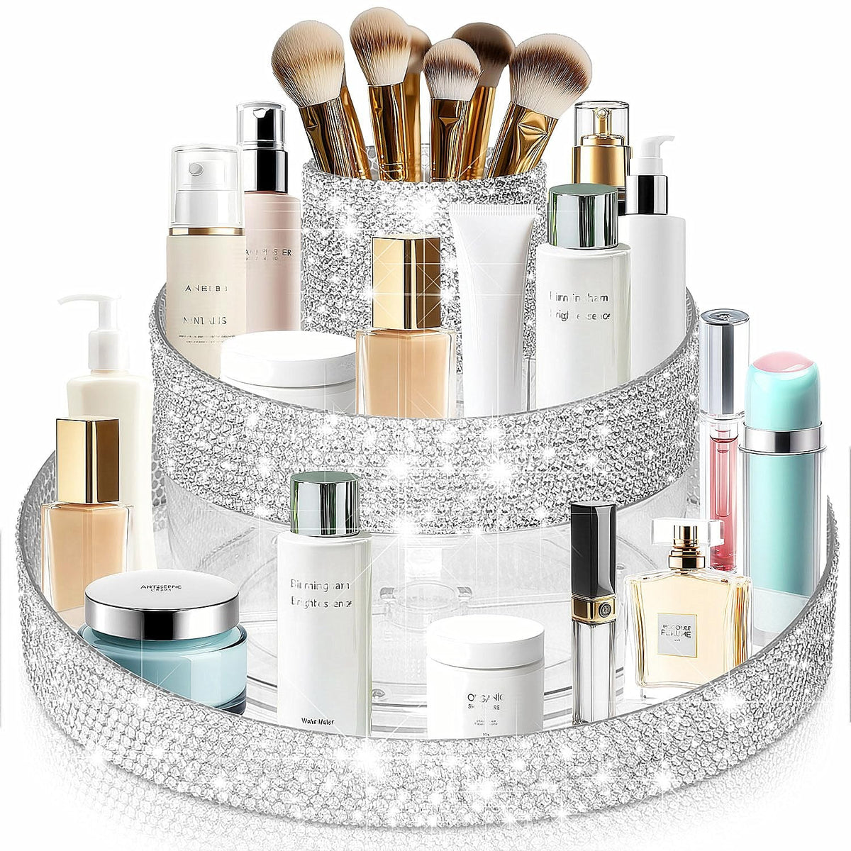 Rotating Makeup Organizer Acrylic Vanity Storage with Rhinestones