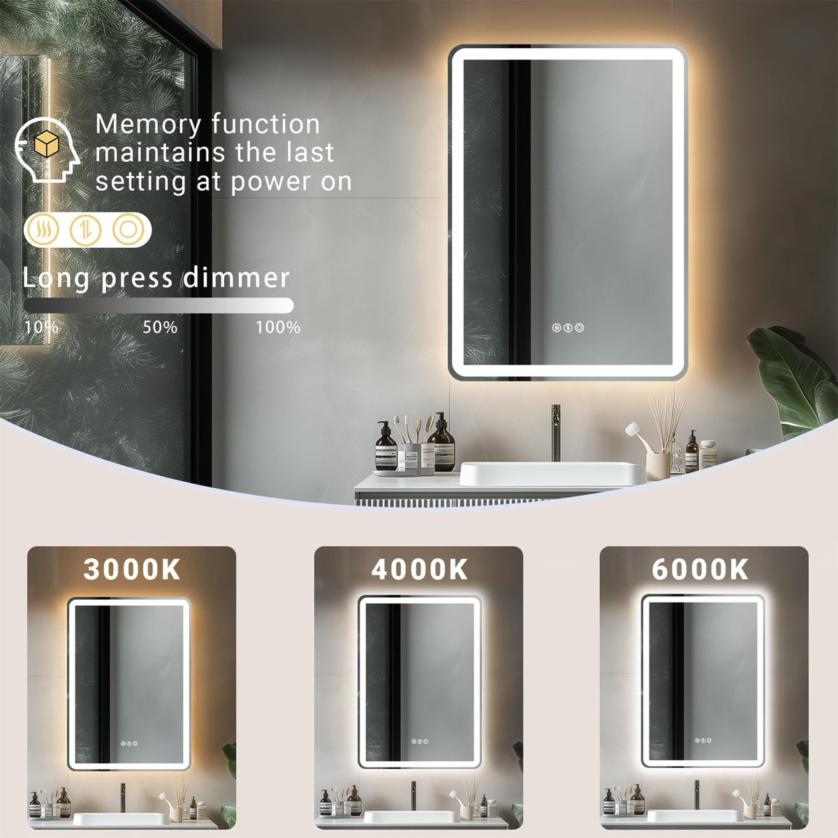 LED Bathroom Mirror 28 x 20 with Stepless Dimmable Backlight, Anti-Fog, 3 Color Modes