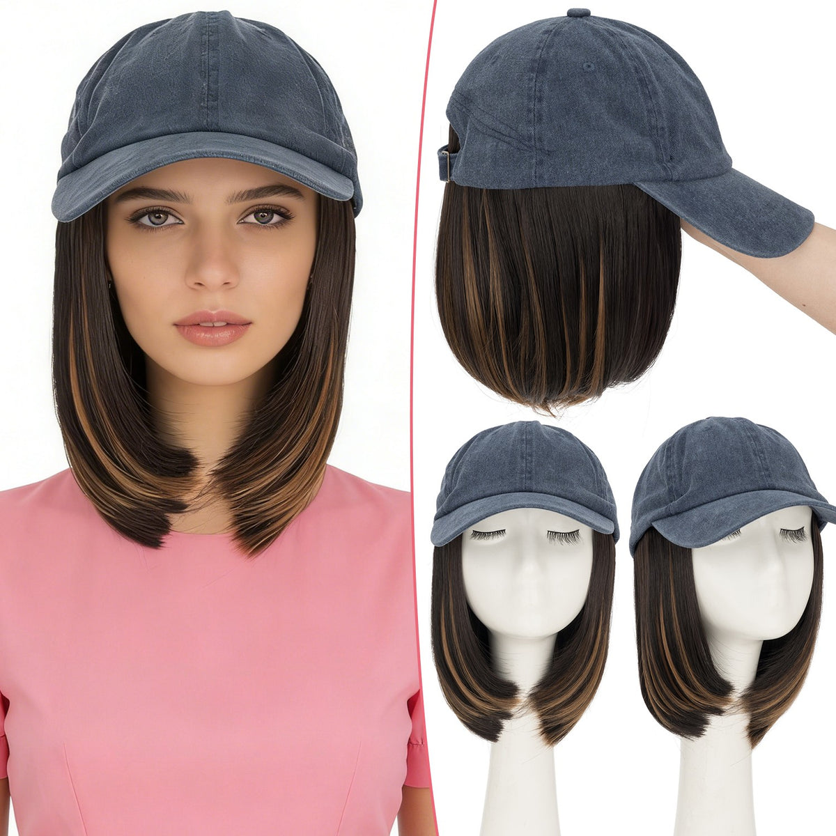 6-Inch Baseball Cap with Detachable Straight Wig for Women, Sun Hat, Cosplay