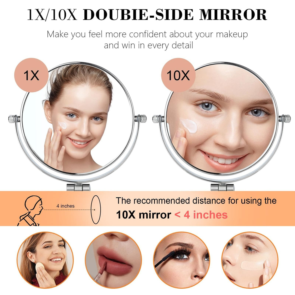 Travel Makeup Mirror 6-inch Double-Sided with 10X Magnification, Foldable & Portable
