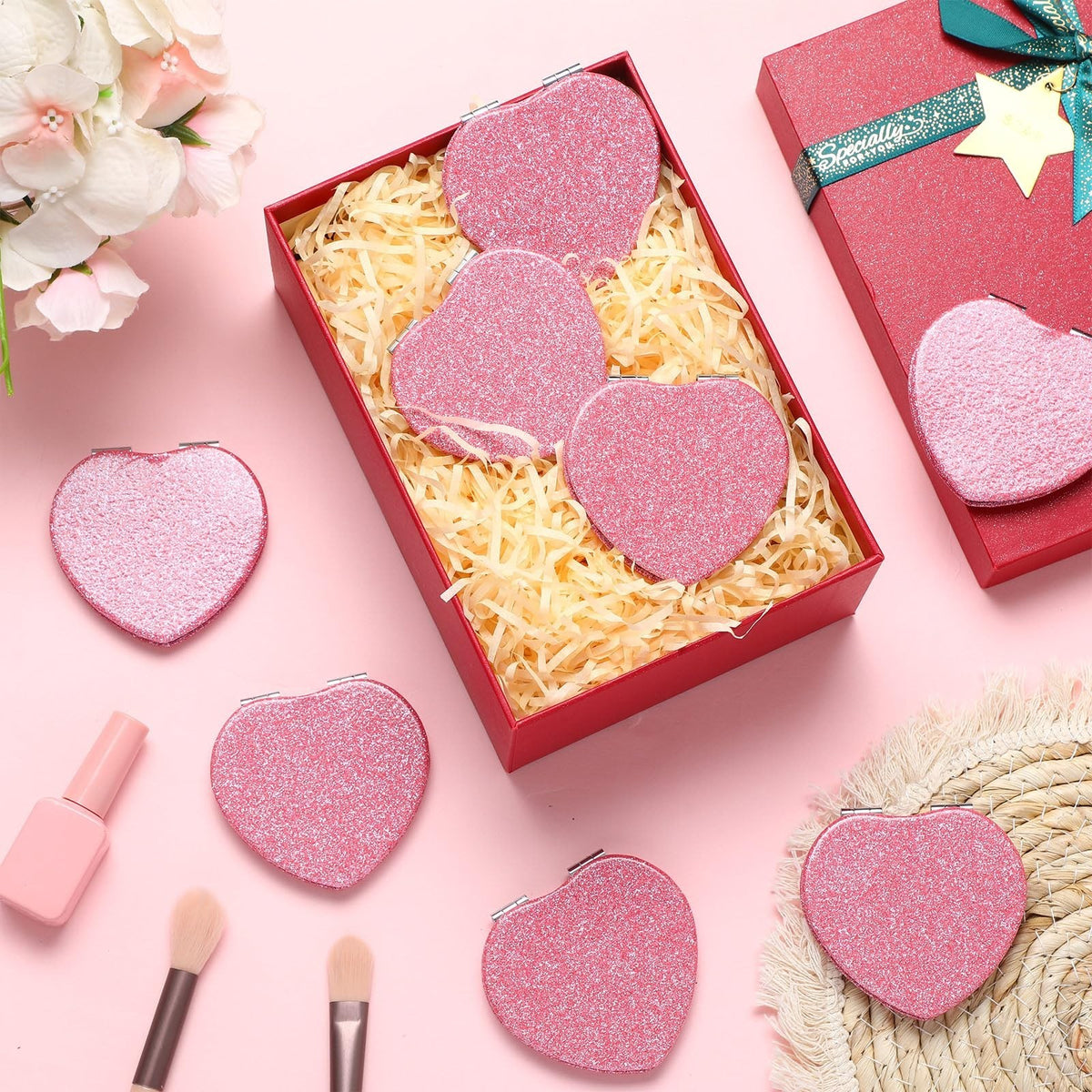 Pink Heart Compact Mirror Set - 24 Magnifying Travel Makeup Mirrors for Women & Mom Gift