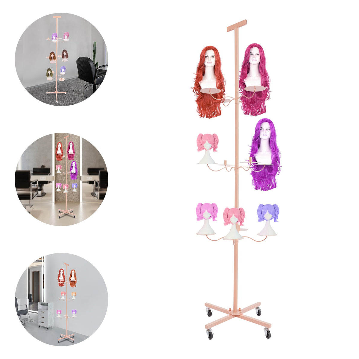 Pink 12-Head Heavy Duty Wig Stand Organizer with Rotating Tiers