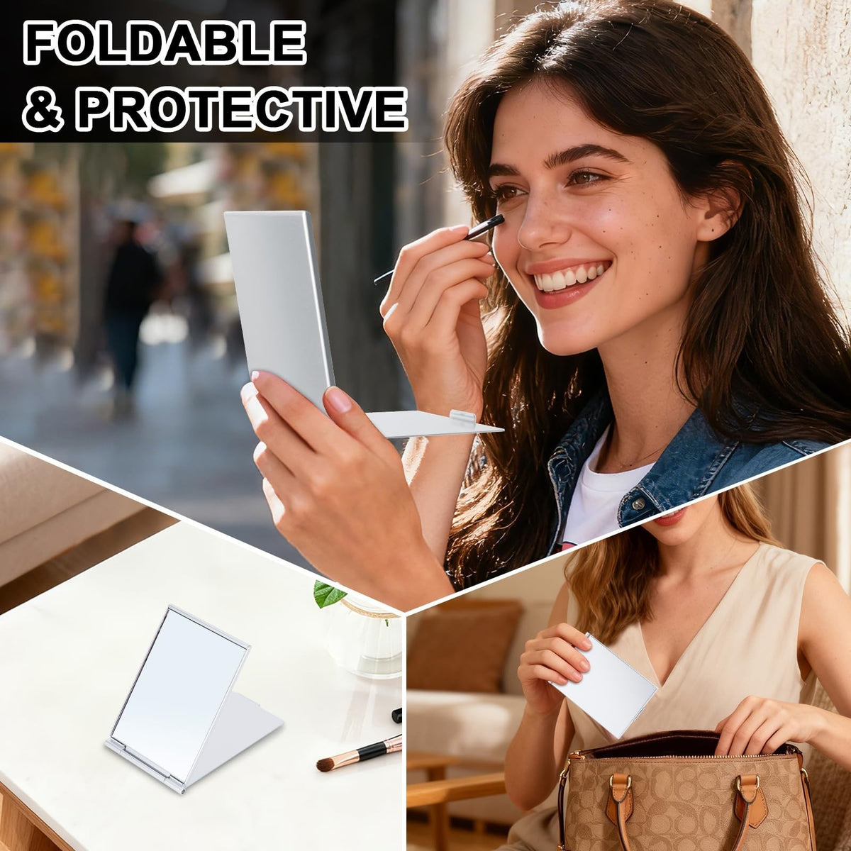 Portable Rectangular Travel Mirror - Silver Compact Makeup & Handheld Mirror