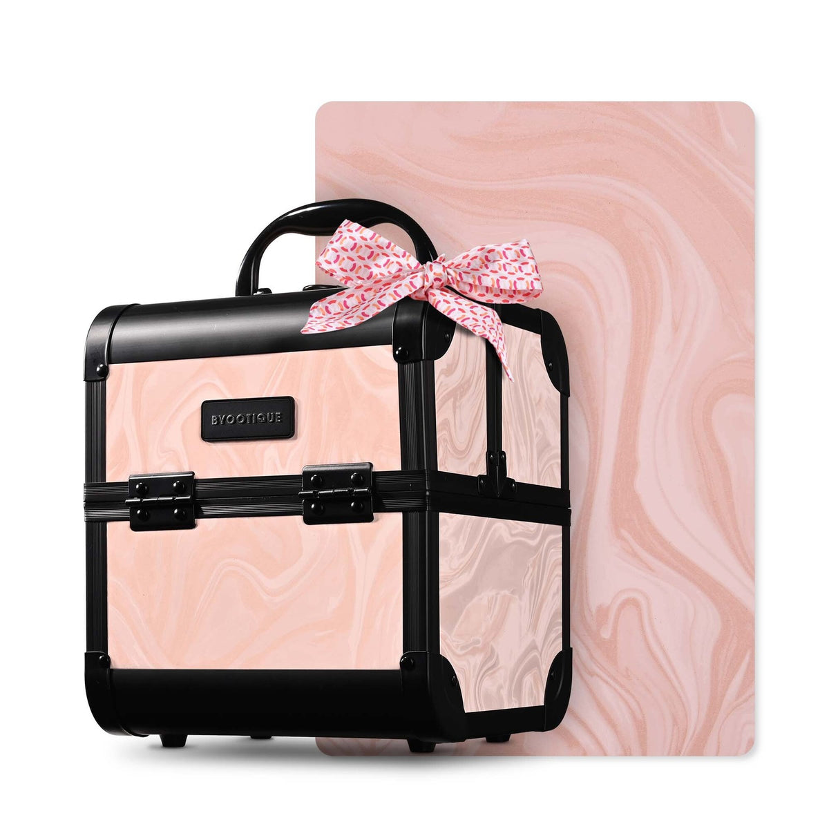 Makeup Train Case Organizer with Mirror & Extendable Trays - Pink Wavy Pattern