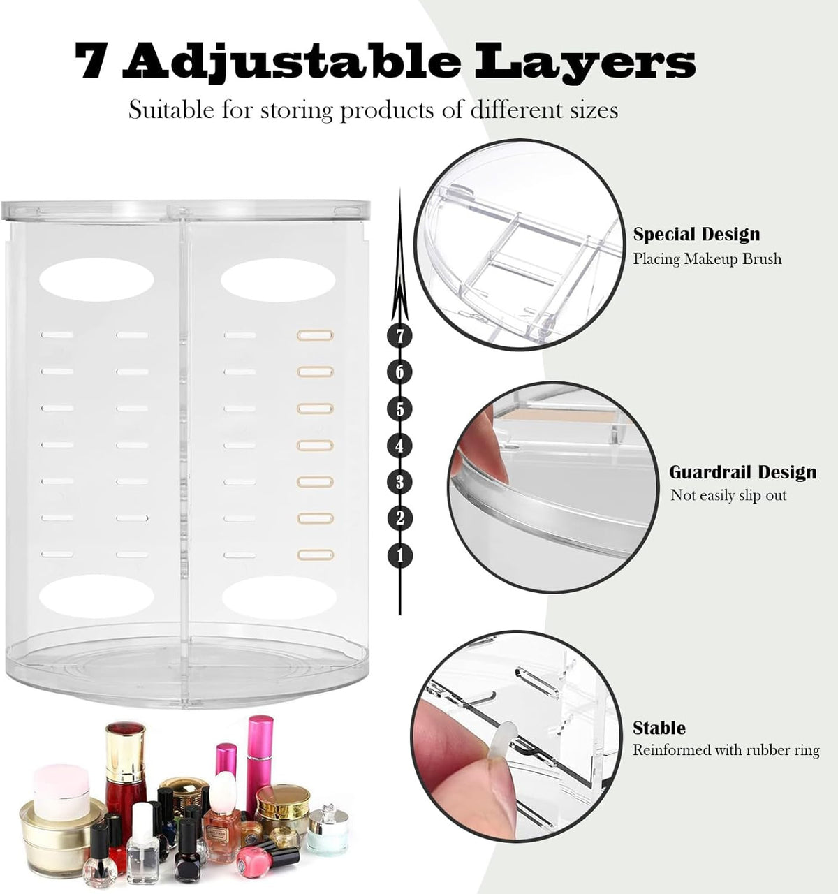 Large Rotating Makeup Organizer with Adjustable Shelves, 7 Layers for Vanity Storage