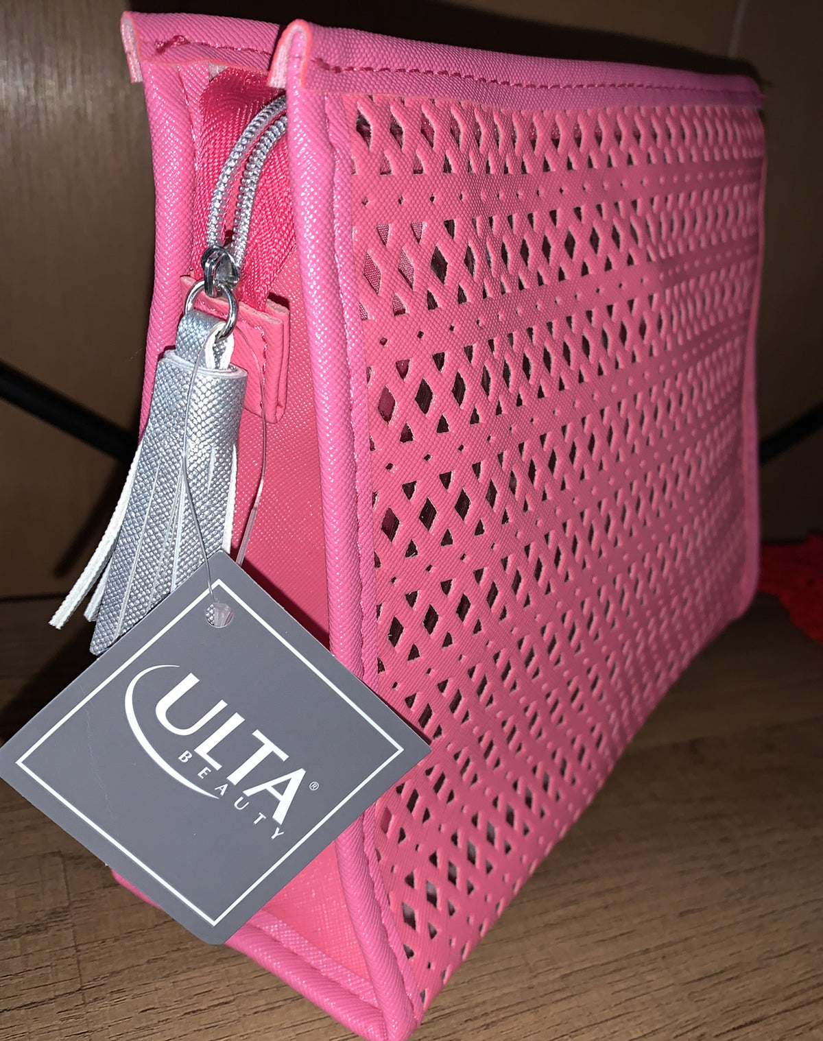 Makeup Cosmetic Bag with Coral Pink Diamond Cutout and Silver Zipper Tassel