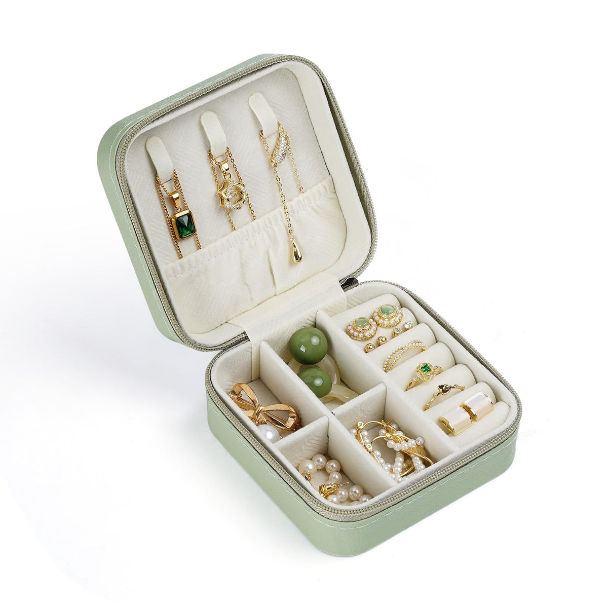 Travel Jewelry Case - Small Leather Organizer with Necklace Hooks & Ring Grooves, Green