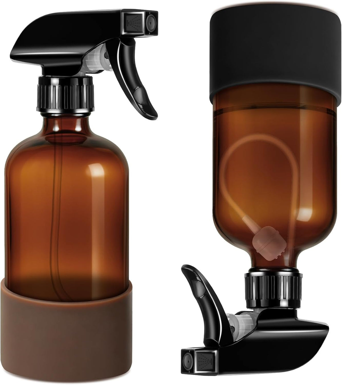 360° Amber Glass Spray Bottles Set - Refillable 16 Oz with Adjustable Nozzles & Silicone Sleeve