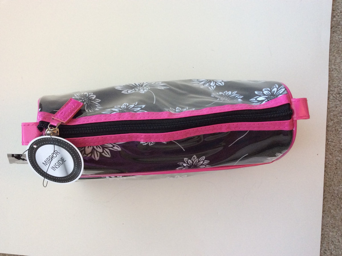 Makeup Bag with Mirror by Prevail White Flowers on Black Pink Trim