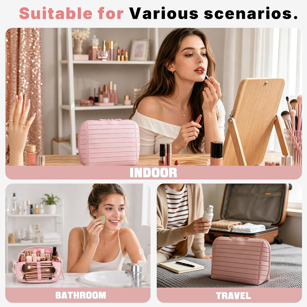 Travel Vertical Makeup Bag with Fold-Down Design & Adjustable Dividers - Waterproof Silicone Organizer