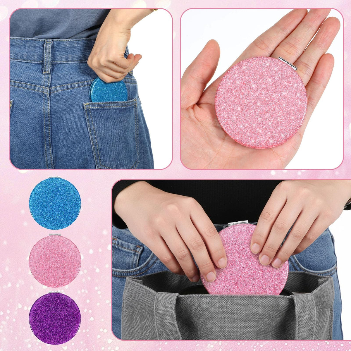 3 Pack Compact Purse Mirrors with 2X Magnification for Women and Girls