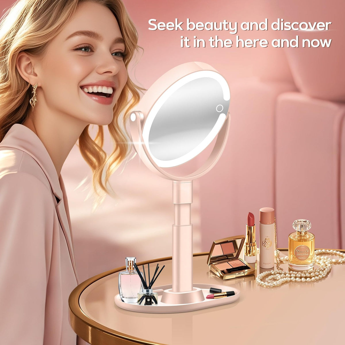Adjustable 30X Lighted Makeup Mirror with 3 Lighting Modes - Pink Vanity