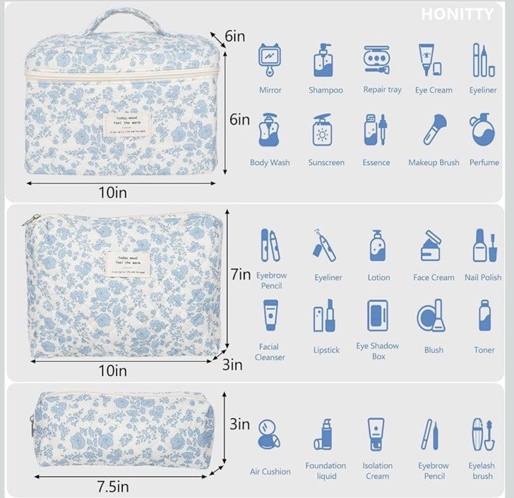 3-Piece Quilted Floral Cosmetic and Travel Bag Set - The Jolly House