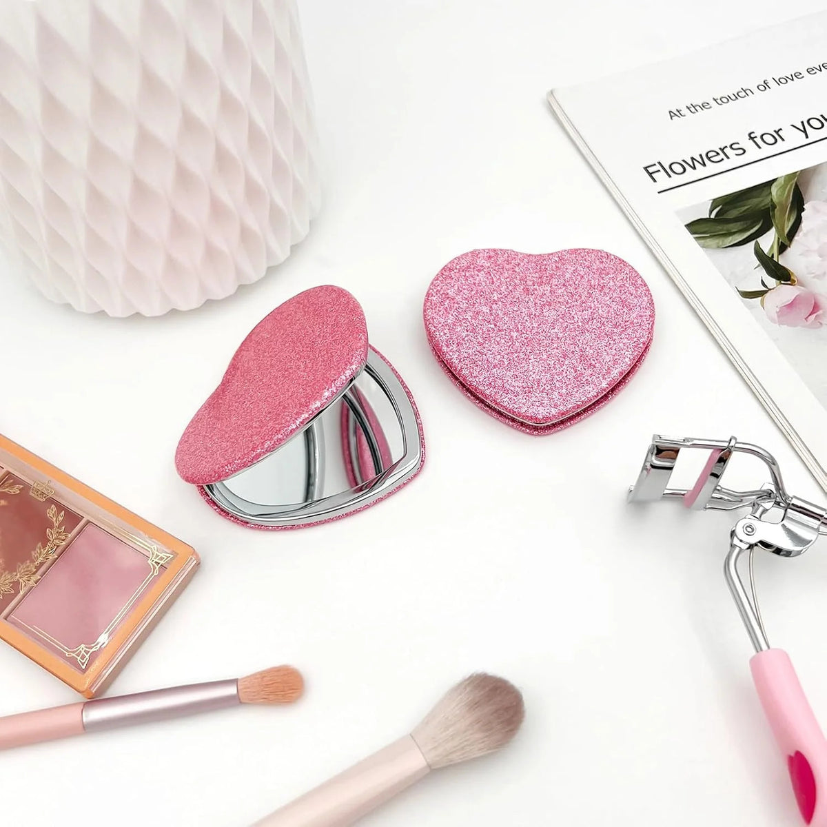 Heart Shaped Compact Mirror Set - Pink Portable Travel Makeup Mirrors