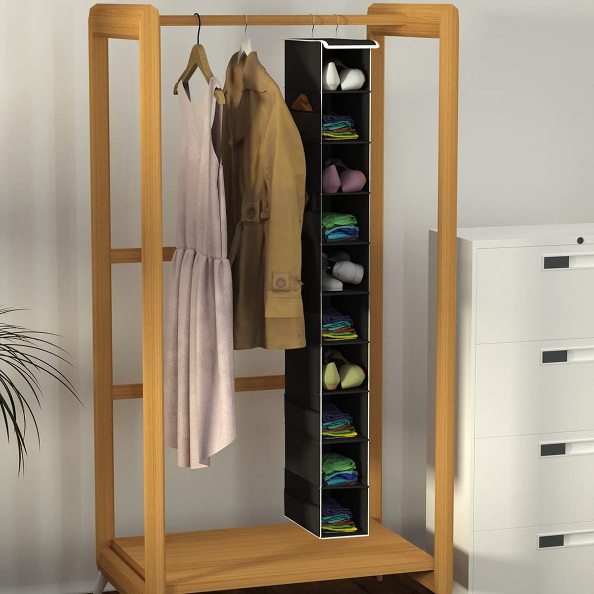 10-Shelf Hanging Shoe Organizer with Side Pockets and Hooks - Black