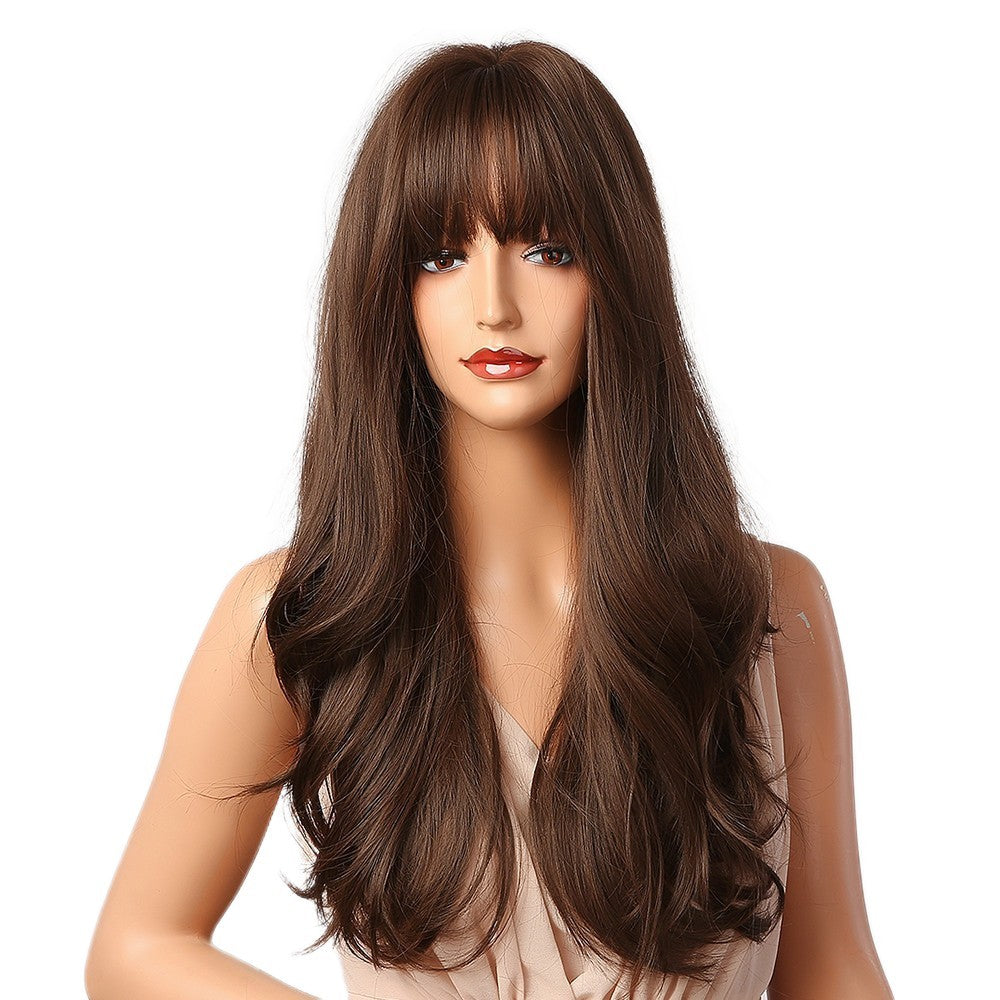 Dark Brown Costume Wig with Bangs - Synthetic, Long Wavy, Heat-Resistant