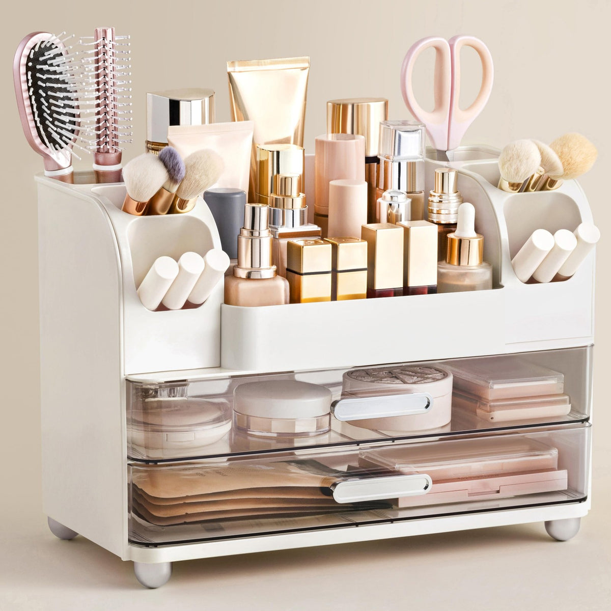 Large Makeup Organizer with Brush Holder - Vanity Storage, White