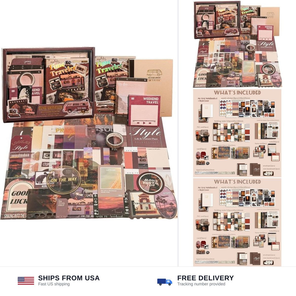 Travel Scrapbooking Supplies Kit with A6 Notebook and Vintage Paper Crafts