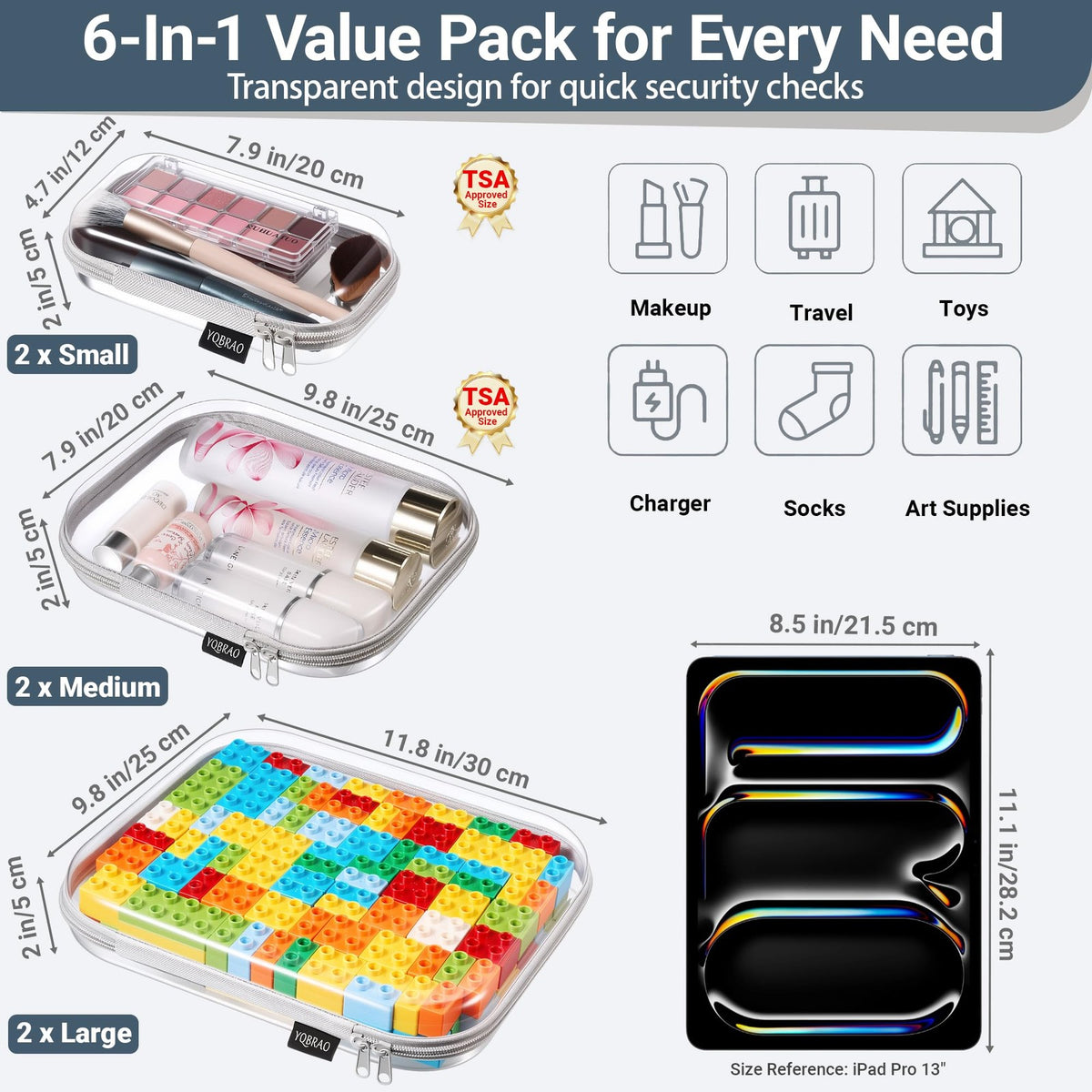 Clear Hard Shell Zipper Organizer Cases Set - Multi-Size Storage Pouches, Grey