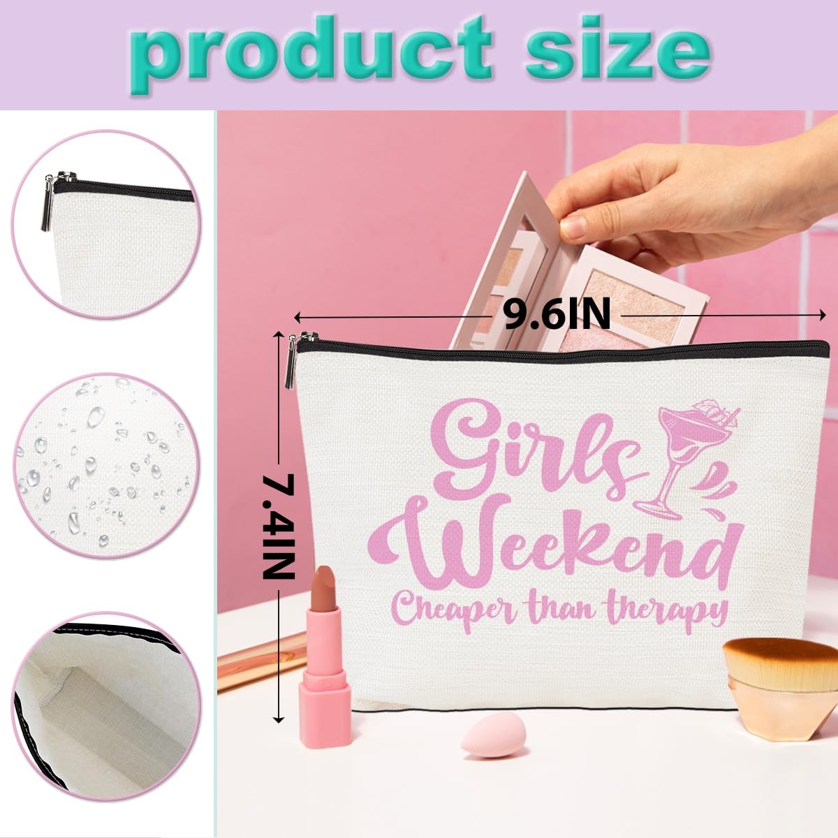 Girls Weekend Travel Makeup Bag - Multicolor Cotton Linen 9.6x7.4 inches Set of 4