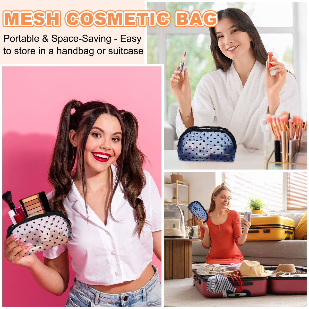 Black Mesh Makeup Bag with Heart Print - Portable Cosmetic Organizer