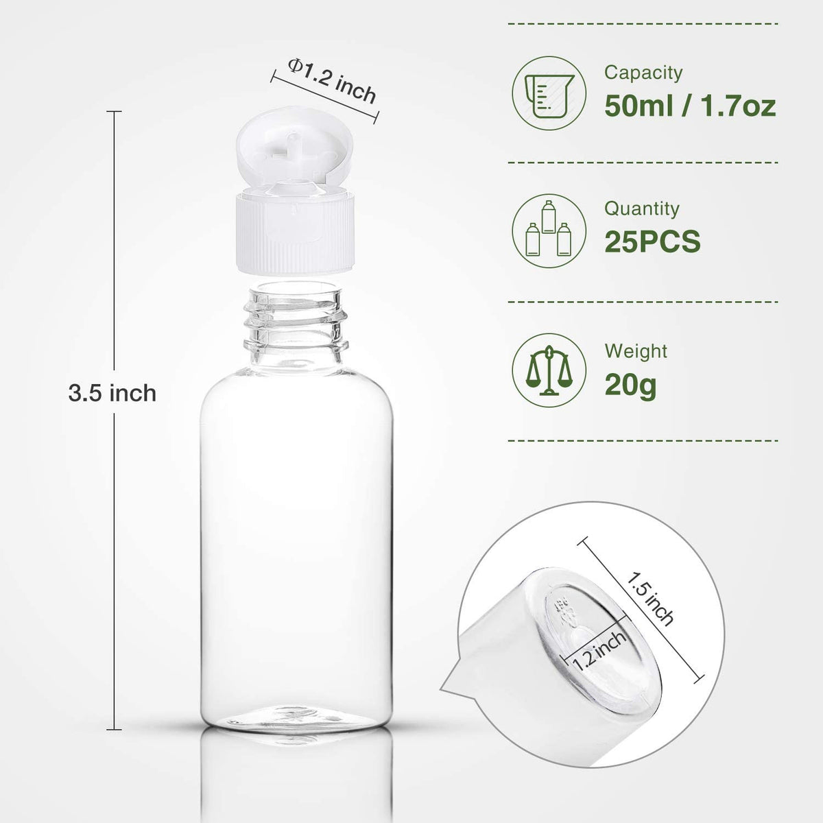 25 Travel Refillable Plastic Bottles 50ml with Transparent Screw-On Caps
