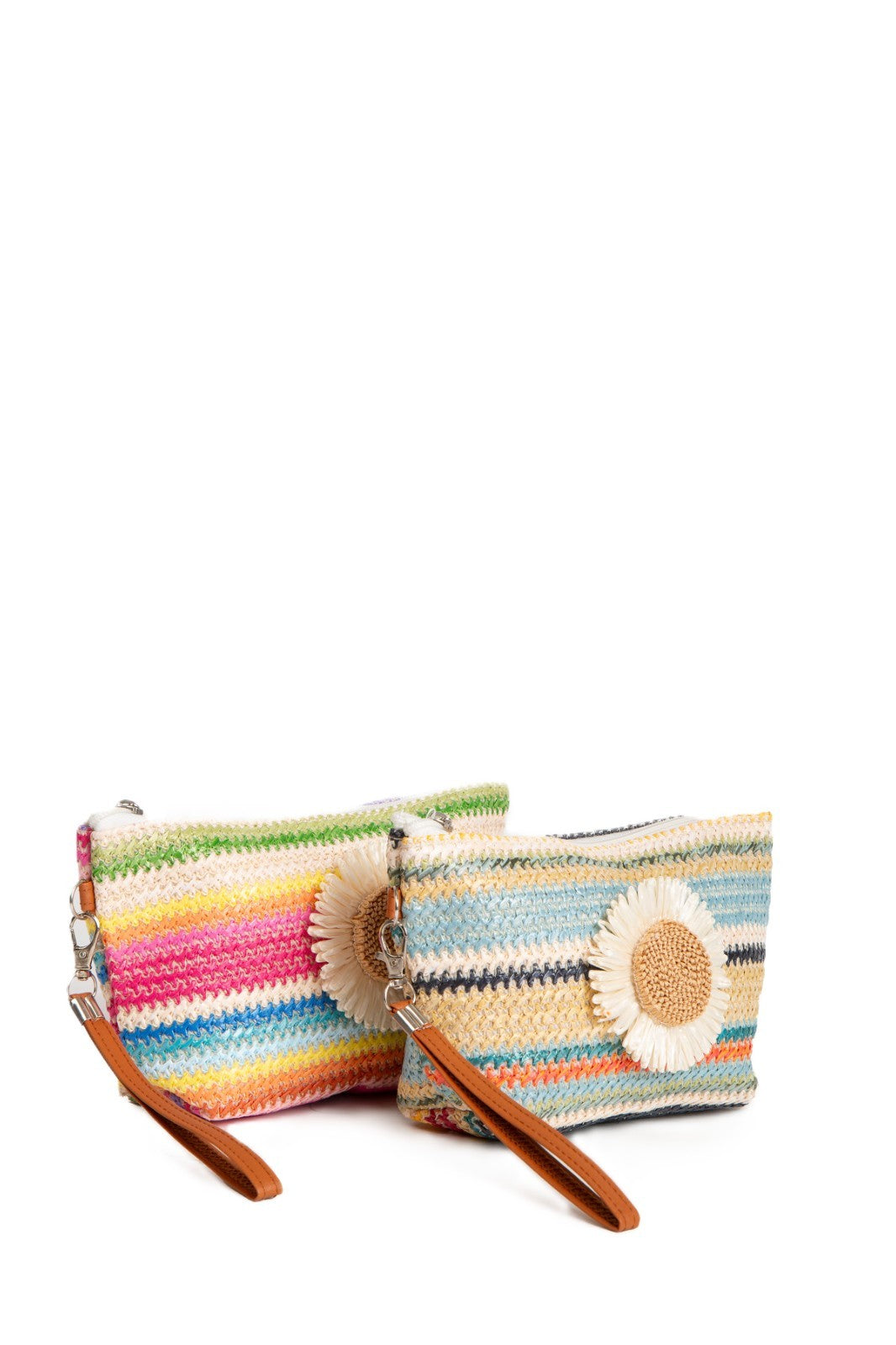 Large Travel Pouch with Multi-Colored Stripes and Daisy Pattern, Zipper Closure