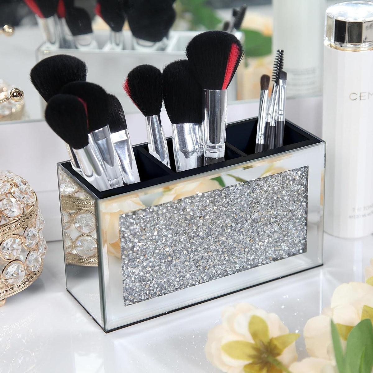 Mirrored Makeup Brush Holder Organizer with Crushed Diamond - 3 Slots