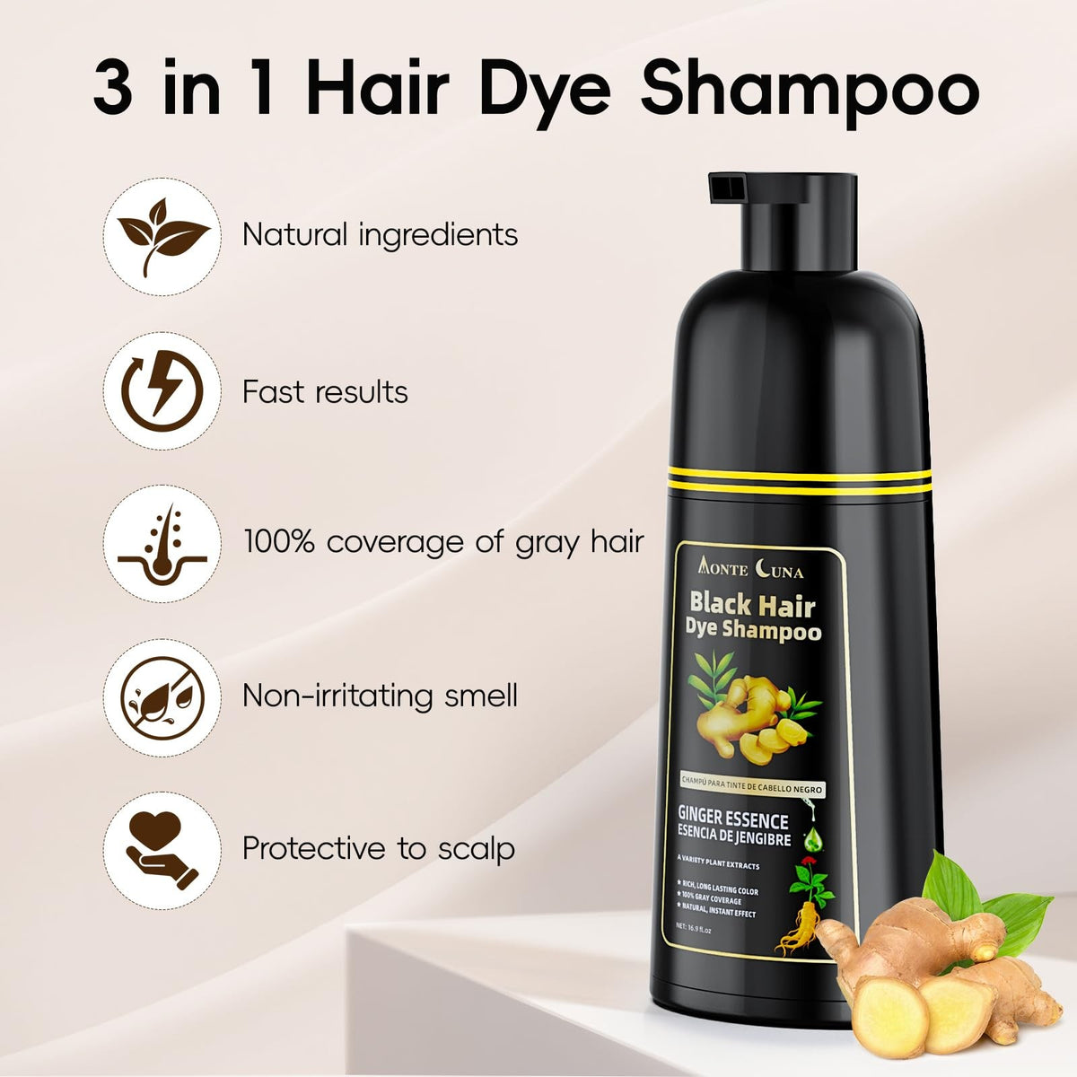 Black Hair Dye Shampoo 3 in 1 Semi-Permanent Hair Color for Gray Coverage