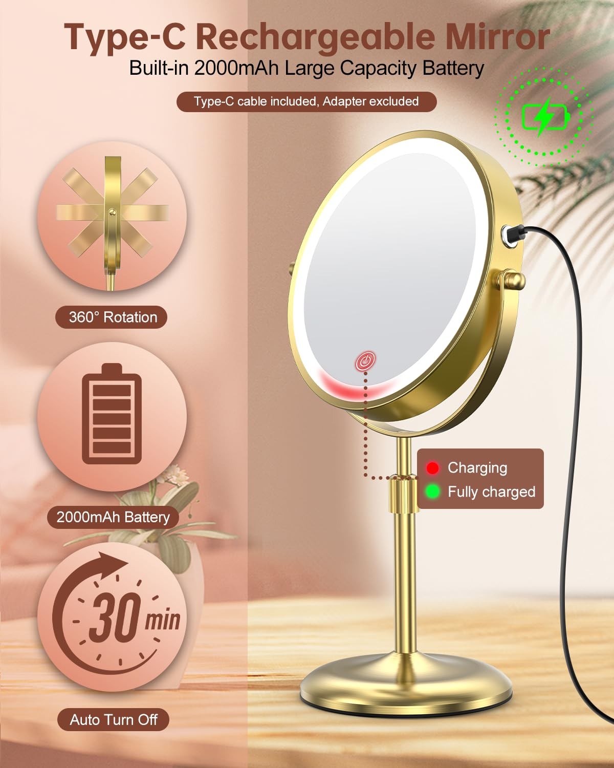 Lighted Makeup Mirror with 3 Color Lights & 10X Magnification - Adjustable Height