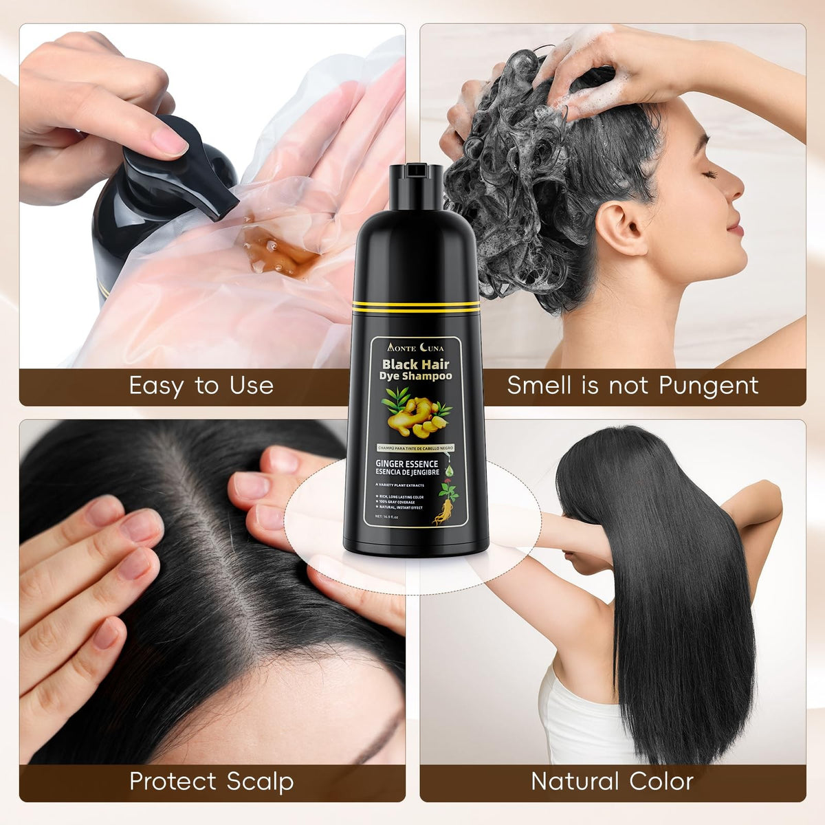 Black Hair Dye Shampoo 3 in 1 Semi-Permanent Hair Color for Gray Coverage