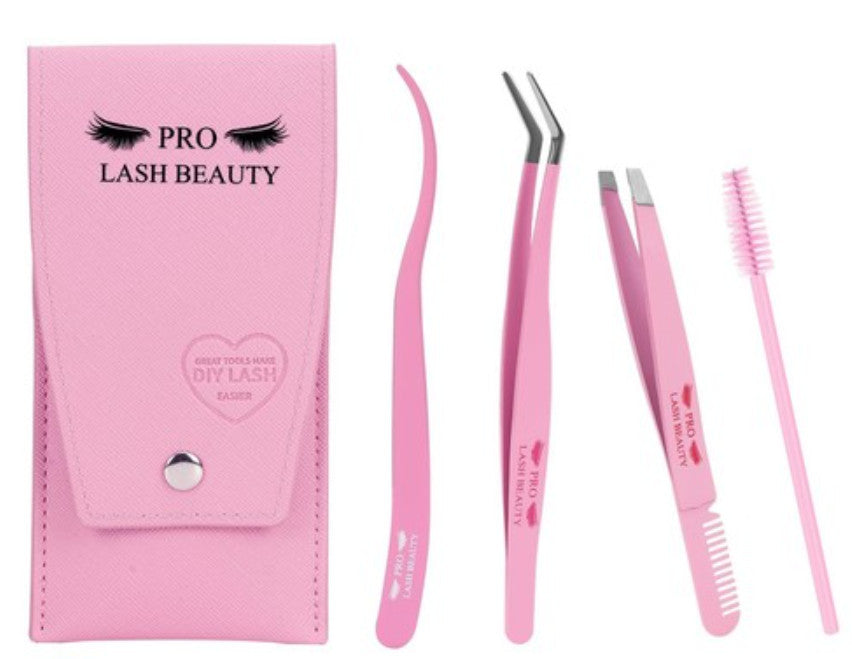 Pink Eyelash Tweezers Kit with Brush - Professional Lash Applicator & Styling Tools