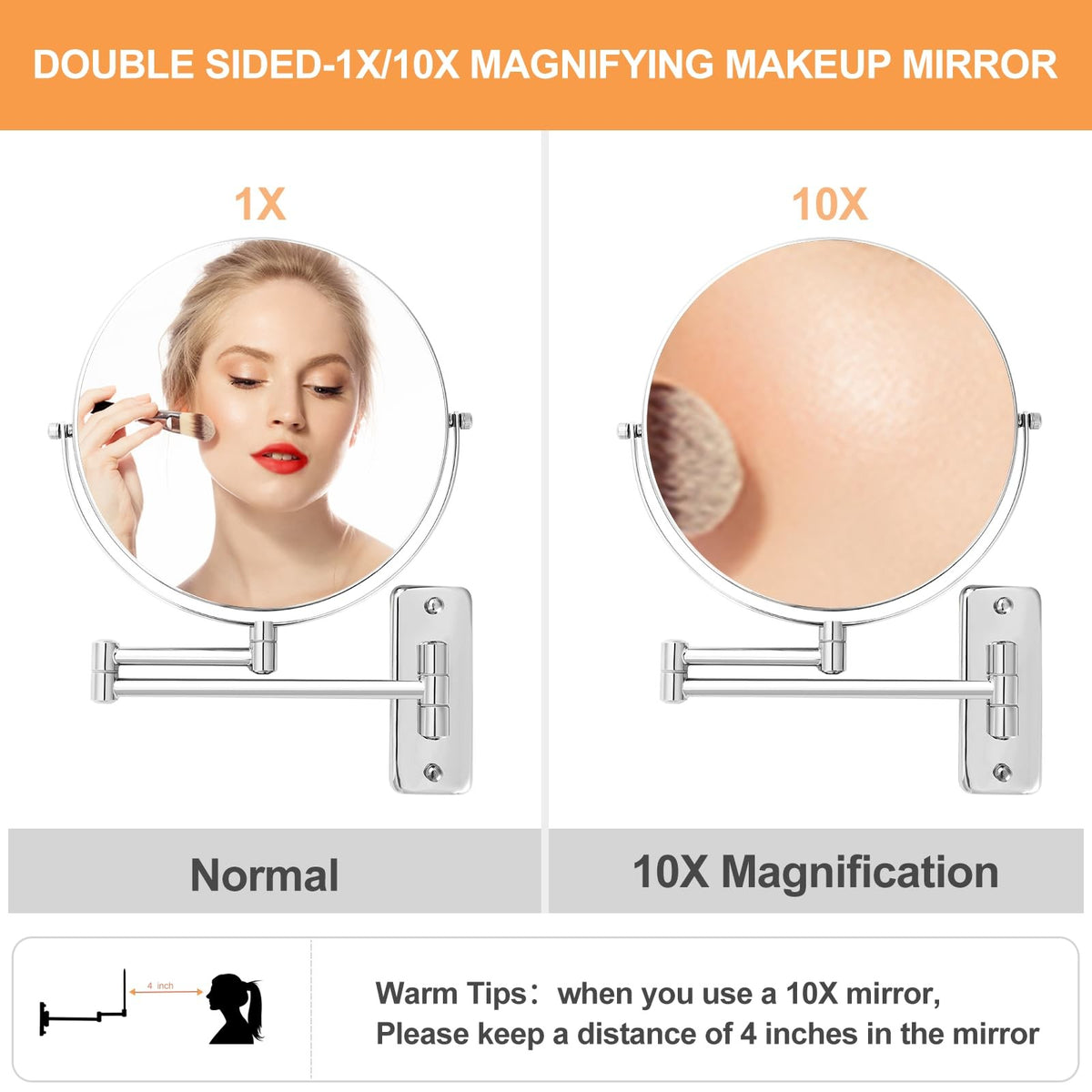 Wall Mounted Makeup Mirror 8 Inch with 1X/10X Magnification & Swivel Extension