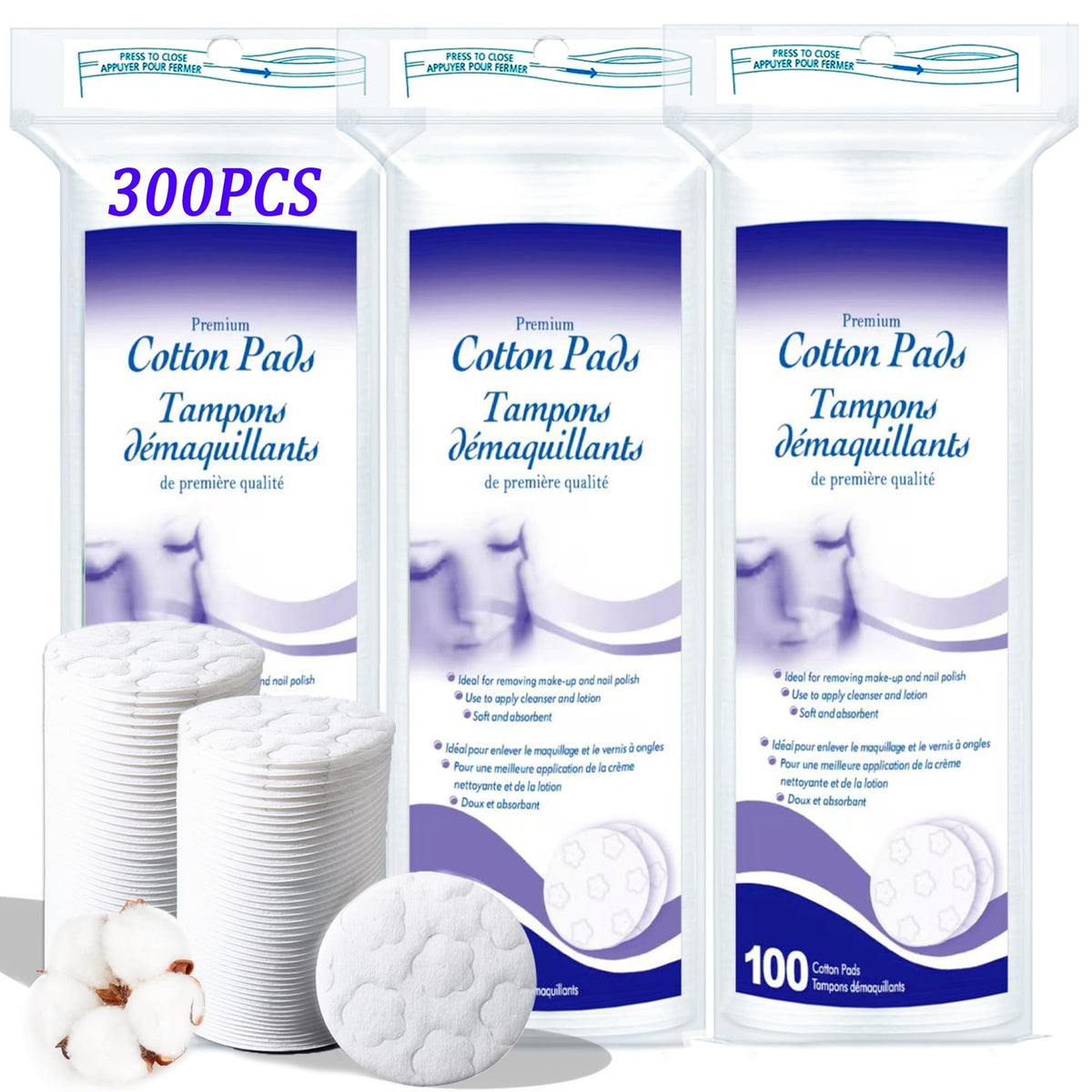 Organic Cotton Facial Pads - 300 Count, Ultra-Soft, Hypoallergenic Makeup Remover & Cleansing Cotton Rounds