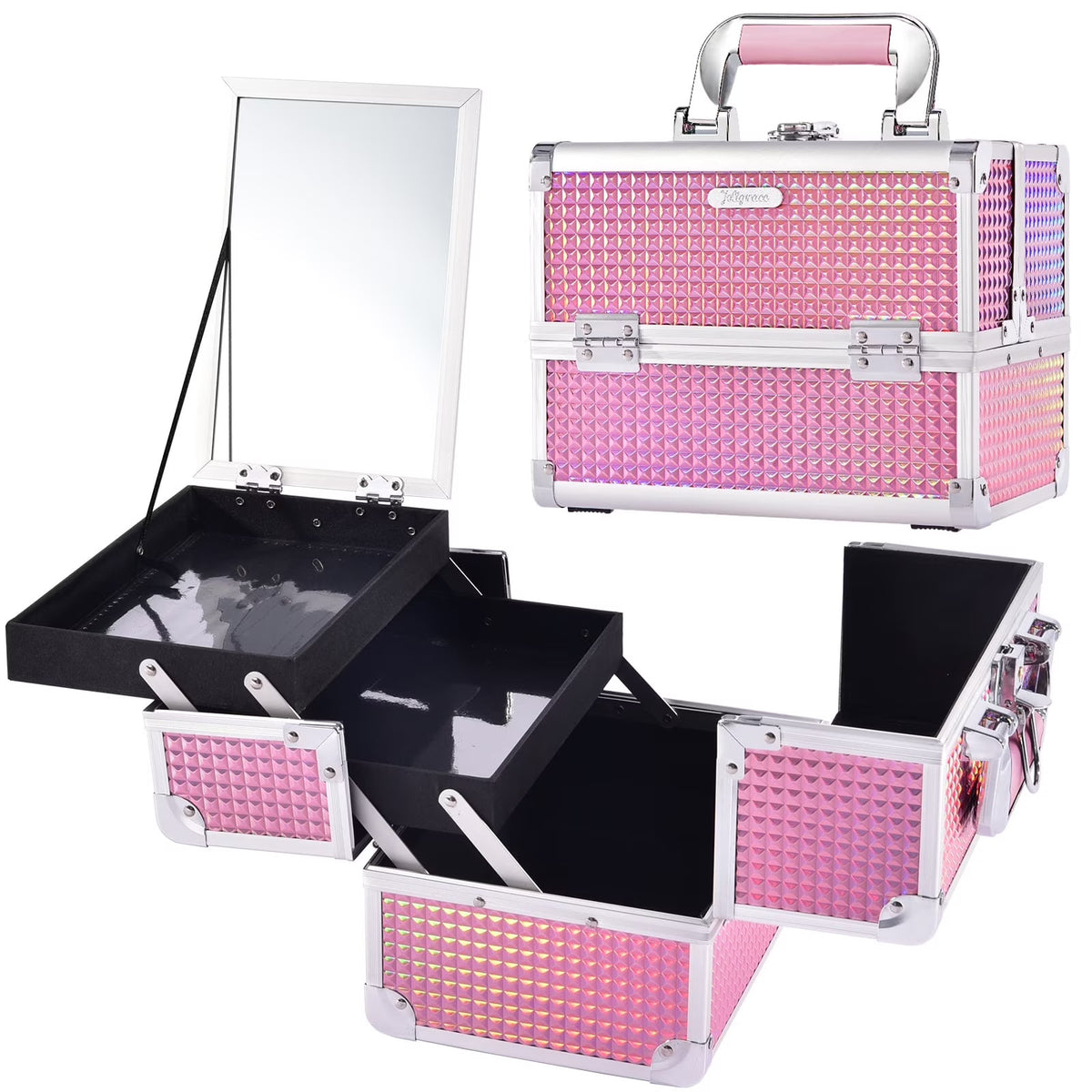 Large Pink Makeup Train Case with Mirror and Lockable Compartments