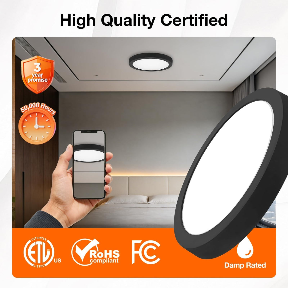 12-Inch LED Flush Mount Ceiling Light Fixture - 24W Warm White, Black