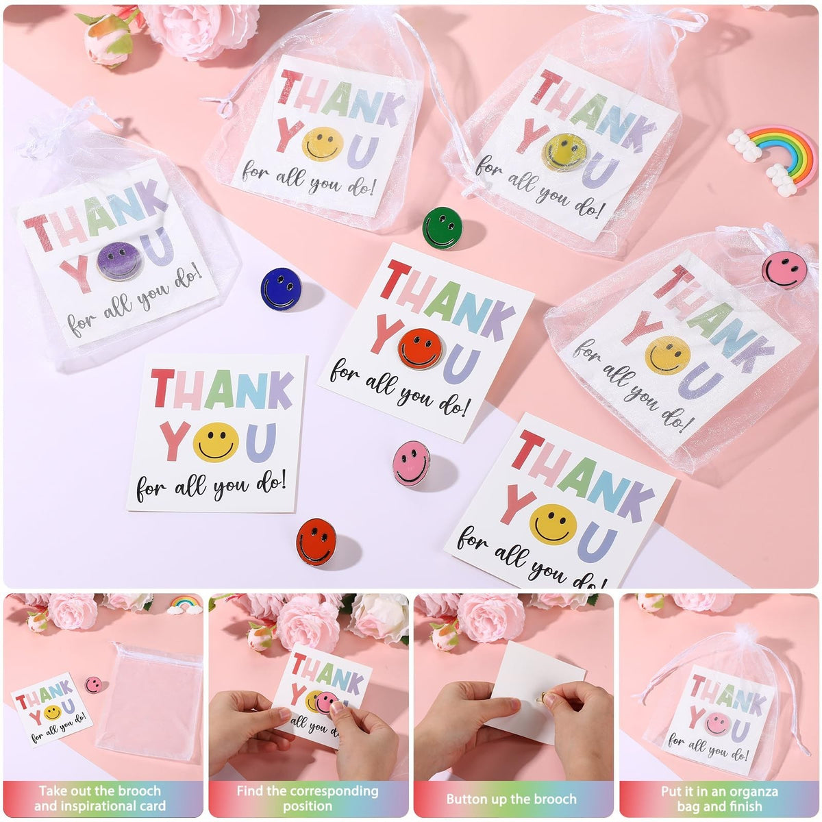 Thank You Gift Set with Smile Face Lapel Pins and Cards - Bulk 30 Pieces