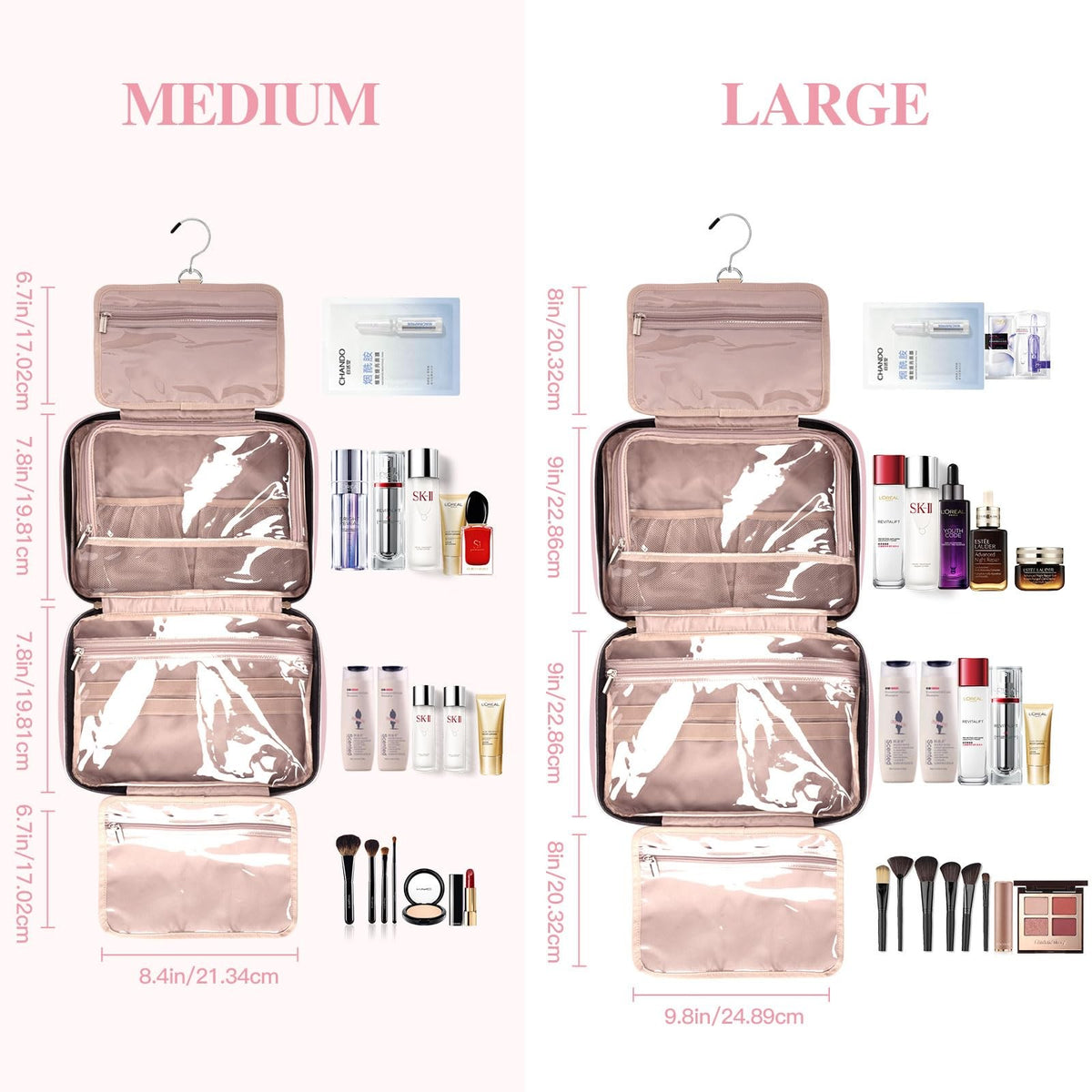 Large Waterproof Travel Toiletry Bag for Women with Hanging Hook Pink Makeup Organizer