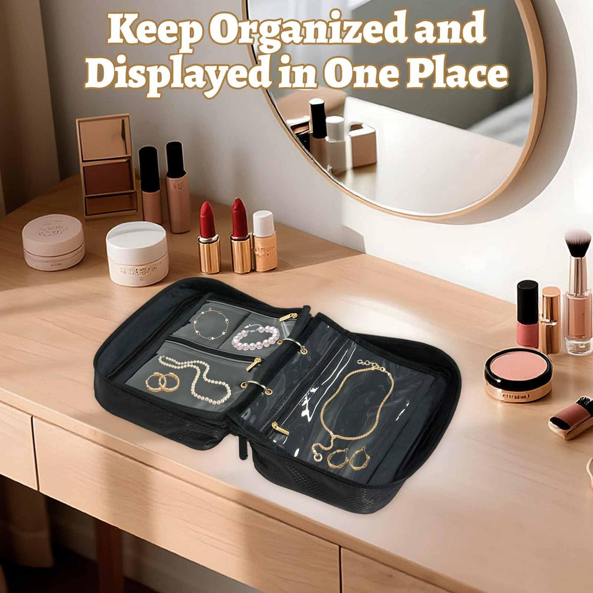 Travel Jewelry Organizer Case with Waterproof Nylon & Zipper - Compact Black Storage Bag