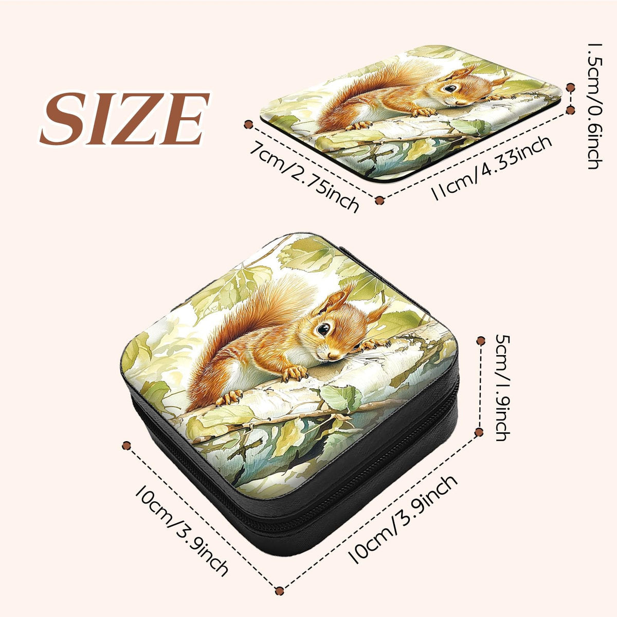 Travel Jewelry Case with Compact Mirror for Women, Squirrel Design