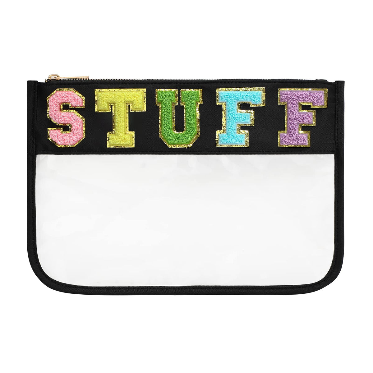 Clear Zipper Travel Cosmetic Bag Nylon Pouch 11.8x8.2 Inch with Chenille Letter Patches
